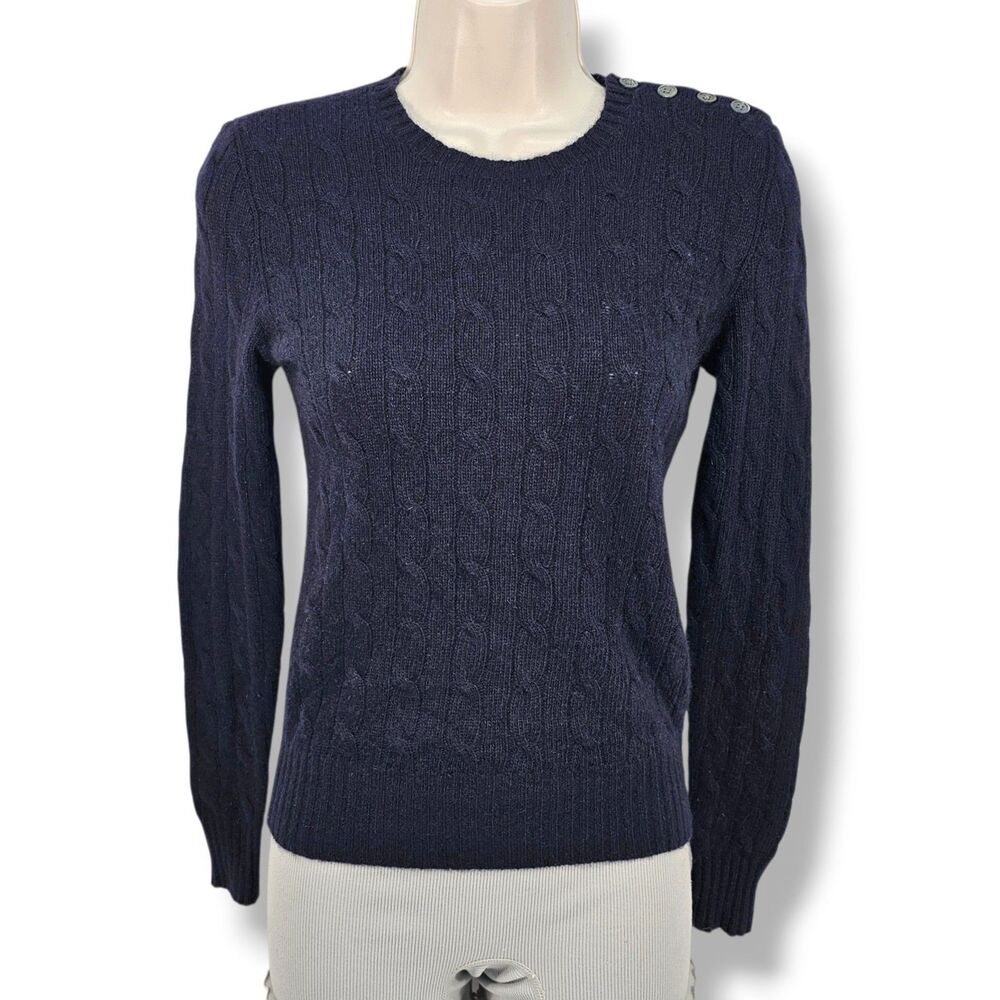 Vintage Y2K RL Rugby Navy Blue Cable Knit Shoulder Button Sweater XS Preppy